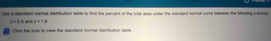 Use a standard normal distribution table to find the percent of the total area under the standard normal curve between the following z-scores.
z=0.5 and z=1.6
Click the icon to view the standard normal distribution table.