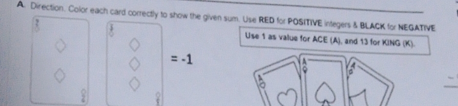 Direction. Color each card correctly to show the given sum. Use RED for POSITIVE integers & BLACK for NEGATIVE 
3 Use 1 as value for ACE (A), and 13 for KING (K).
=-1
A 
_