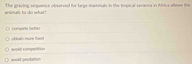 The grazing sequence observed for large mammals in the tropical savanna in Africa allows the
animals to do what?
compete better
obtain more food
avoid competition
avoid predation