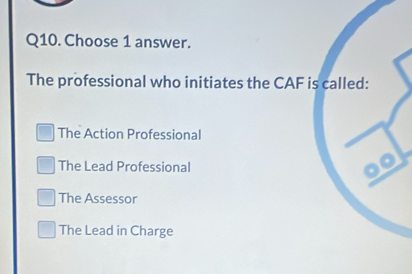 Choose 1 answer.
The professional who initiates the CAF i
The Action Professional
The Lead Professional
The Assessor
The Lead in Charge