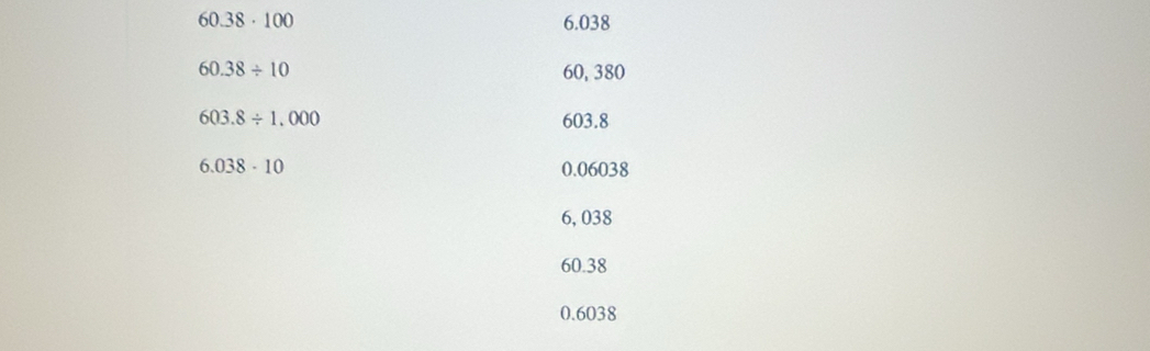 60.38· 100 6.038
60.38/ 10 60, 380
603.8/ 1.000 603.8
6.038· 10 0.06038
6, 038
60.38
0.6038