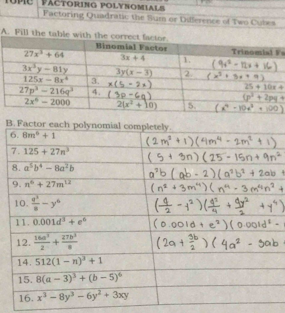 FACTORING POLYNOMIALS
Factoring Quadratic the Sum or Difference of Two Cubes
A. Fill the t
a
4
B