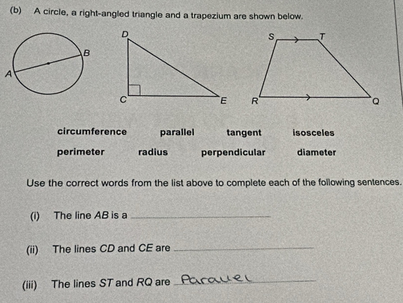 A circle, a right-angled triangle and a trapezium are shown below.
circumference parallel tangent isosceles
perimeter radius perpendicular diameter
Use the correct words from the list above to complete each of the following sentences.
(i) The line AB is a_
(ii) The lines CD and CE are_
(iii) The lines ST and RQ are_