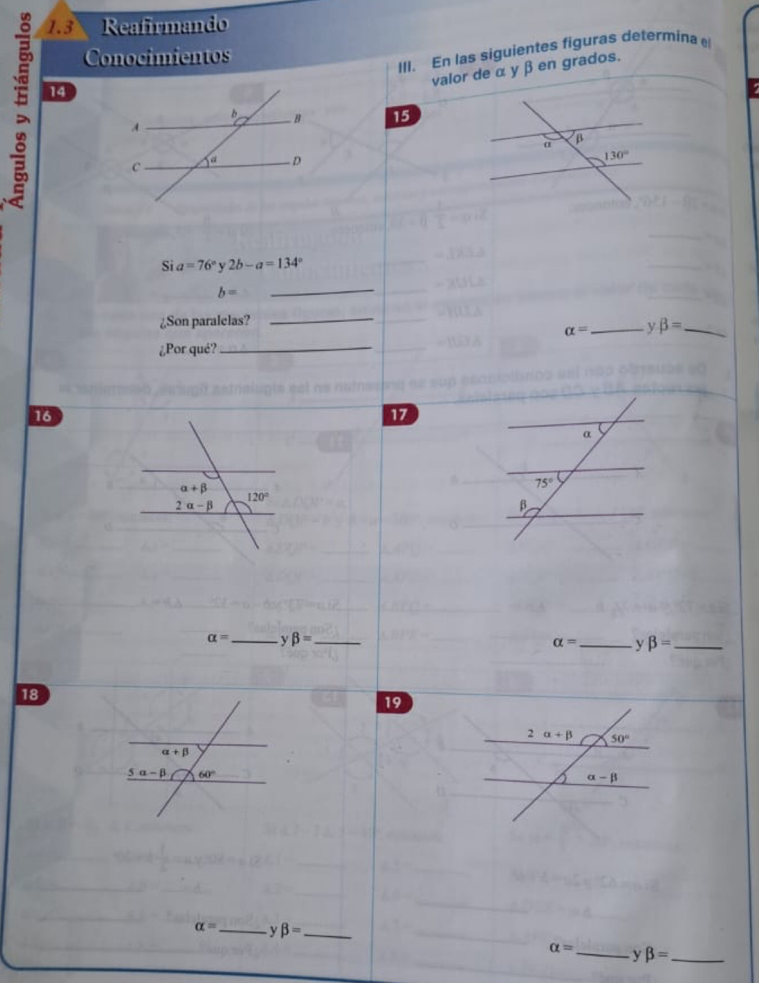 1.3 Reafirmando
Conocimientos
III. En las siguientes figuras determina e
; 14
valor de α y β en grados.
a
15
Si a=76° 2b-a=134°
b=
_
_
¿Son paralelas? _ beta = _
alpha = y
¿Por qué?_
16
17
alpha = _ y beta = _ _y beta = _
alpha =
18
19
alpha = _y beta = _
alpha = _ y beta = _