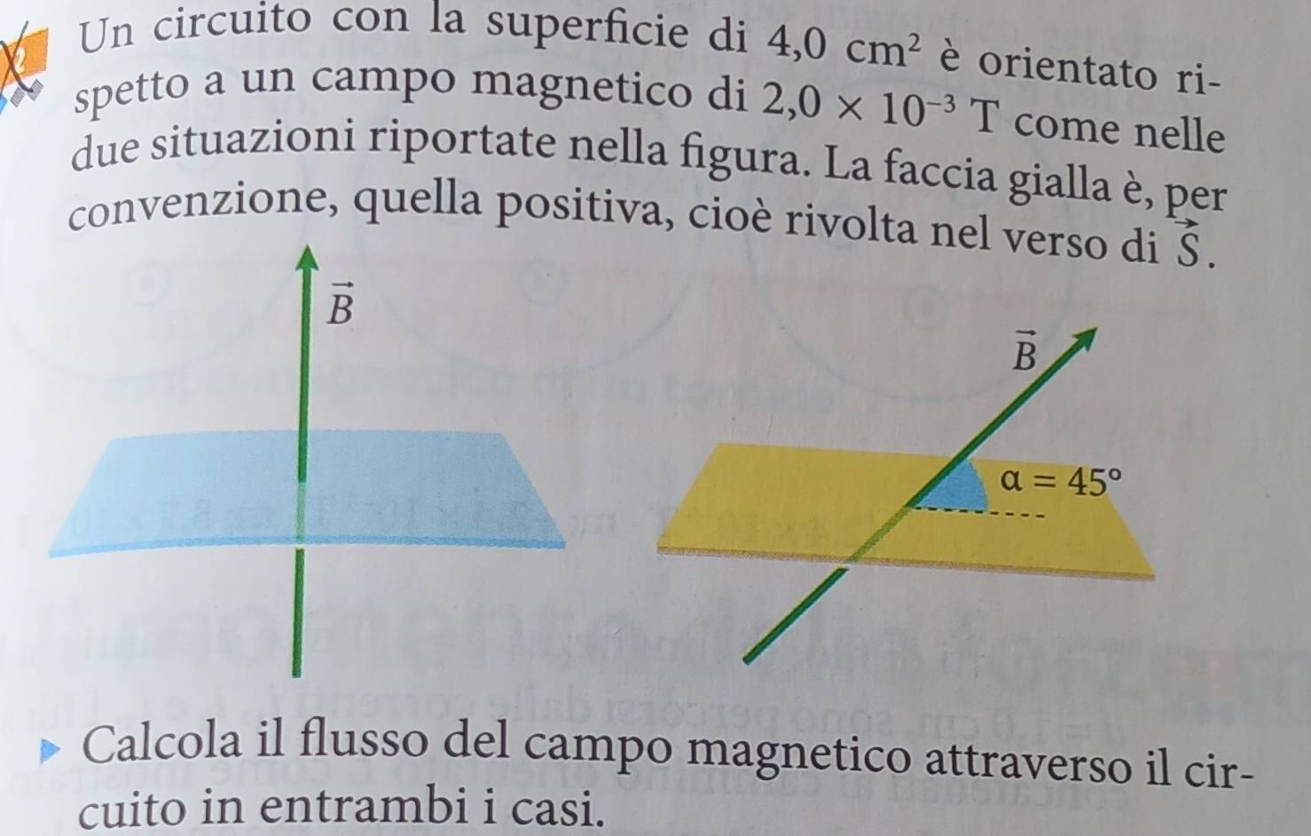 Un circuito con la superficie di 4,0cm^2 è orientato ri- 
spetto a un campo magnetico di 2,0* 10^(-3)T come nelle 
due situazioni riportate nella figura. La faccia gialla è, per 
convenzione, quella positiva, cioè rivolta nel verso di Š.
vector B
vector B
alpha =45°
Calcola il flusso del campo magnetico attraverso il cir- 
cuito in entrambi i casi.