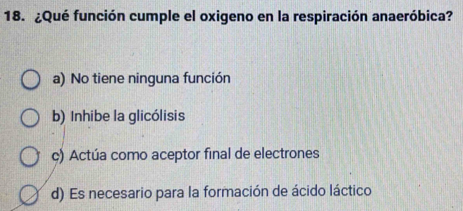 ¿Qué función cumple el oxigeno en la respiración anaeróbica?
a) No tiene ninguna función
b) Inhibe la glicólisis
ç) Actúa como aceptor final de electrones
d) Es necesario para la formación de ácido láctico