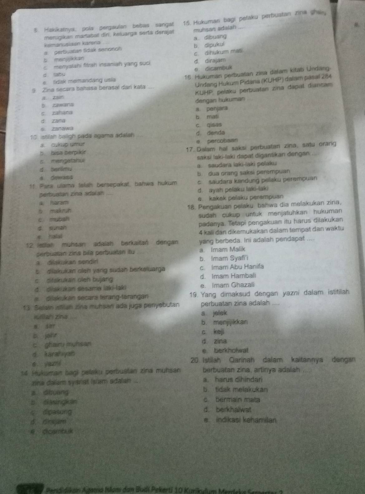 Hakikathya, pola pergaulan bebas sangat 15. Hukuman bagi pelaku perbuatan zina ghai
menıgikan martabat din, keluarga sertä derajat muhsan adalah
H
kemanusiaan karena a dibuang
a pertuatan tidak senonon b dipukul
b. menjjjjkkan c. dinukum mati
c. menyalahi fitrah insaniah yang suci d. dirajam
d tabu e dicambuk
16. Hukuman perbuatan zina dalam kitab Undang
e lidak memandang usia
9. Zina secara bahasa berasai dari kata
Undang Hukum Pidana (KUHP) dalam pasal 284
KUHP, pelaku perbuatan zina dapal diancam
a. zain
dengan hukuman
b zawara
s zahana a. penjara
d zana b mati
e. zanawa c. qiaas
10. istilah baligh pada agama adalah d. denda
a. cukup umur e percobaan
b bisa berpikír 17. Dalam hal saksi perbuatan zina, satu orang
c mengetahui saksi laki-laki dapat digantikan dengan
d benimu a. saudara laki-laki pelaku
e dewasa b. dua orang saksi perempuan
11 Para ulama telah bersepakat, bahwa hukum c. saudara kandung pelaku perempuan
perbuatan zine adaiah .... d. ayah pelaku laki-laki
a haram e. kakek pelaku perempuan
b makruh 18. Pengakuan pelaku bahwa dia melakukan zina,
c mubah sudah cukup untuk menjatuhkan hukuman
d sunan padanya. Tetapi pengakuan itu harus dilakukan
e halal 4 kali dan dikemukakan dalam tempat dan waktu
12 edlah muhsan adaiah berkaitan dengan yang berbeda. Ini adalah pendapat ....
perbuatan zina bila perbuatan itu a. Imam Malik
a dilakukan sendir b. Imam Syafi'i
5. diiakukan olen yang sudah berkeluarga c. Imam Abu Hanifa
c ditekukan oleh bujang d. Imam Hambali
d.  diiakukan sesama laki-laki e. Imam Ghazali
e dilakukan secara terang-terangan 19. Yang dimaksud dengan yazni dalam istitilah
13. Selain istilan zina muhsan ada juga penyebutan perbuatan zina adalah ....
stilan zina a jelek
B SMT b. menjijikkan
b jahr c keji
c ghairu munsan d. zina
d karahiyan e berkholwat
e yezni
20. Istilah Qarinah dalam kaitannya dengan
14 Hukuman bagi pefaku perbuatan zina muhsan berbuatan zina, artinya adalah
zina dalam syariat Islam adalan a. harus dihindari
z dibuang
b tidak melakukan
s diasingkan c bermain mata
q dipasong d. berkhalwat
d dinajar e indikasi kehamilan
# cloambuk
Bendidikin Aaama Iam dan Budi Pekerti 10 Karikudum Mardeke Sarn