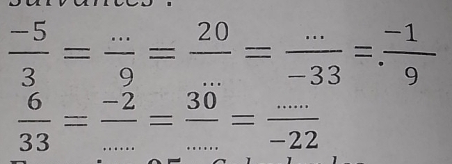  (-5)/3 = (...)/9 = 20/... = (...)/-33 = (-1)/9 
 6/33 = (-2)/... = 30/... = (...)/-22  _