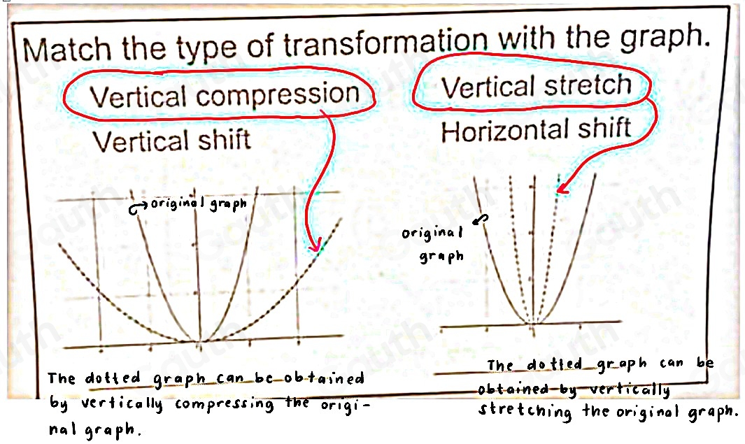 Match the type of transformation with the graph. 
Vertical compression Vertical stretch 
Vertical shift Horizontal shift