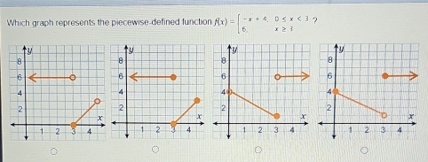 Which graph represents the piecewise-defined function f(x)=beginarrayl -x+4,0≤ x<3 6,x≥ 1endarray. ?