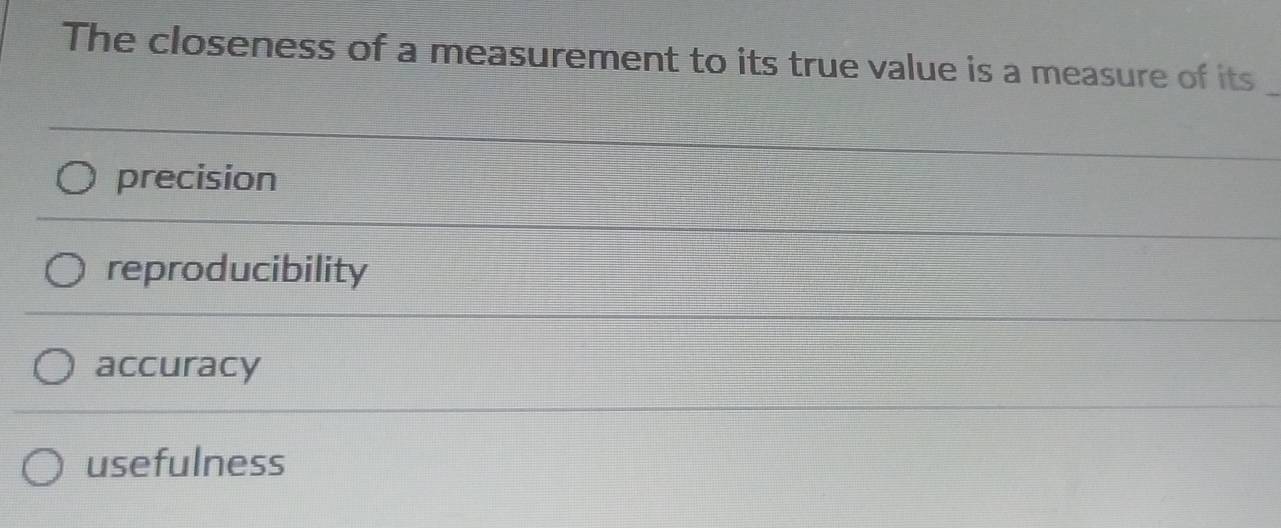 The closeness of a measurement to its true value is a measure of its_
precision
reproducibility
accuracy
usefulness