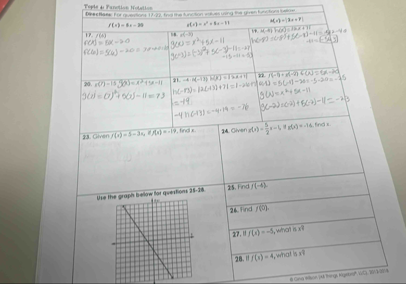 Topic 4: Function Notation 
Directions: For questions 17-22 , find the function values using the given functions below .
f(x)=5x-20 g(x)=x^2+5x-11 h(x)=|2x+7|
17. f(6) 16. g(-3) 19. h(-6) )=12x+
22. 
20. )= 21. -4· h(-13 (-1)
23. Given f(x)=5-3x f(x)=-19 , find x. 24. Given g(x)= 5/2 x-1, g(x)=-16 , find x. 
Use the graph below for questions 25-28. 25. Find f(-6). 
26. Find f(0). 
27. if f(x)=-5 , what is x? 
28. if f(x)=4 , what isx? 
@ Gina Wilson (All Things Algebra®, LLC), 2012-2018