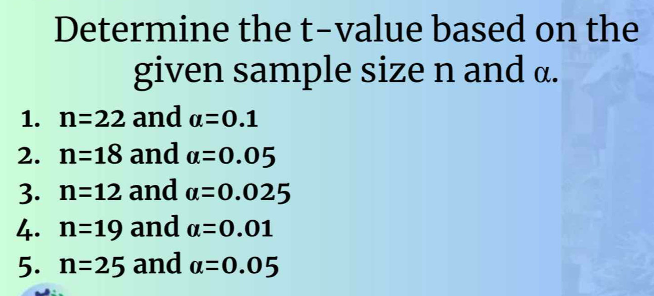 Determine the t-value based on the 
given sample size n and α. 
1. n=22 and alpha =0.1
2. n=18 and alpha =0.05
3. n=12 and alpha =0.025
4. n=19 and alpha =0.01
5. n=25 and alpha =0.05