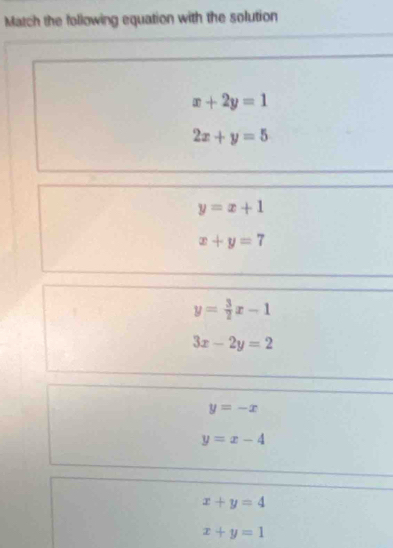 Match the following equation with the solution
x+2y=1
2x+y=5
y=x+1
x+y=7
y= 3/2 x-1
3x-2y=2
y=-x
y=x-4
x+y=4
x+y=1