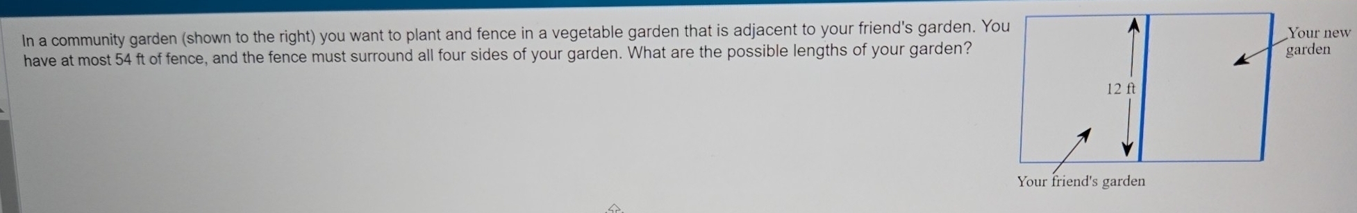 In a community garden (shown to the right) you want to plant and fence in a vegetable garden that is adjacent to your friend's garden. YYour new 
have at most 54 ft of fence, and the fence must surround all four sides of your garden. What are the possible lengths of your garden?