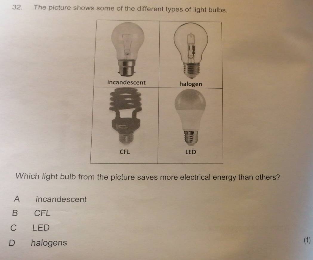 The picture shows some of the different types of light bulbs.
incandescent halogen
CFL LED
Which light bulb from the picture saves more electrical energy than others?
A incandescent
B CFL
C LED
D halogens
(1)