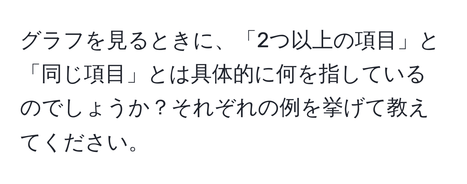 グラフを見るときに、「2つ以上の項目」と「同じ項目」とは具体的に何を指しているのでしょうか？それぞれの例を挙げて教えてください。