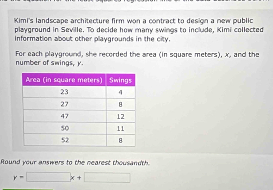 Kimi's landscape architecture firm won a contract to design a new public 
playground in Seville. To decide how many swings to include, Kimi collected 
information about other playgrounds in the city. 
For each playground, she recorded the area (in square meters), x, and the 
number of swings, y. 
Round your answers to the nearest thousandth.
y=□ x+□