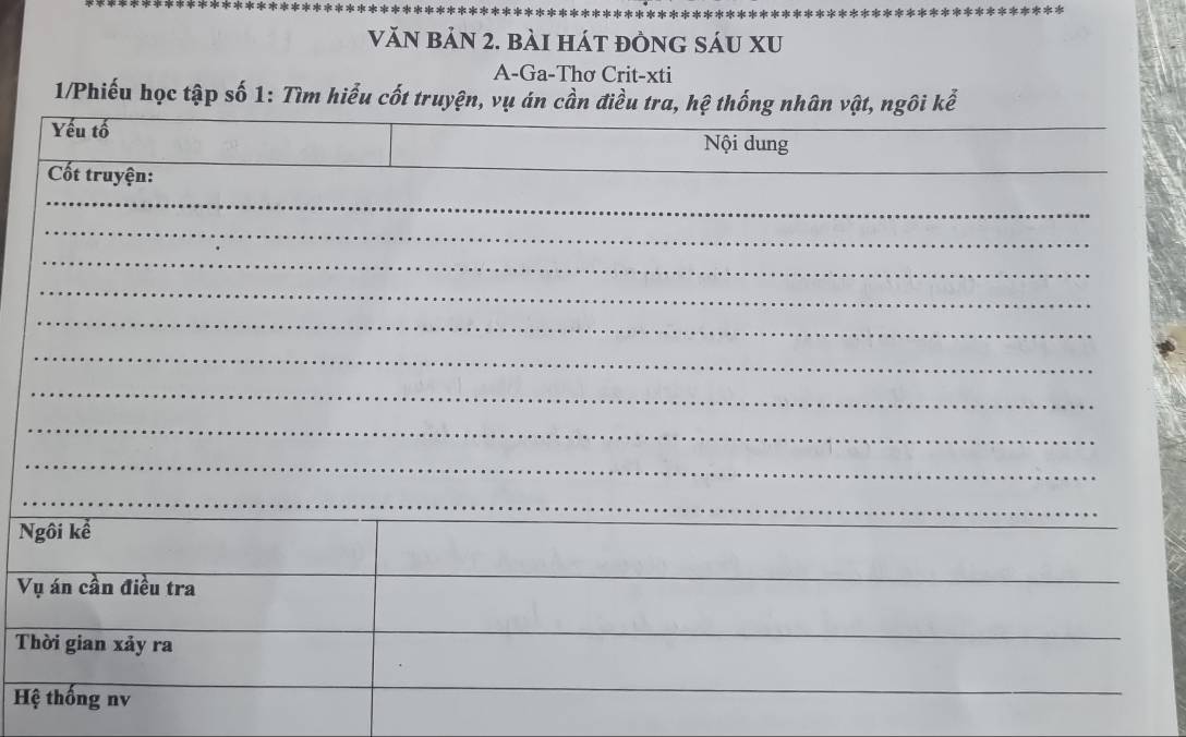 Văn bản 2. bài hát đồng sáu xu 
A-Ga-Thơ Crit-xti 
1/Phiếu học tập số 1: Tìm 
N 
V 
T
H