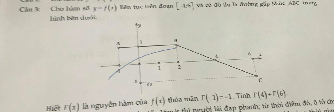 Cho hàm số y=f(x) liên tục trên đoạn [-1;6] và có đồ thị là đường gấp khúc ABC trong
hình bên dưới:
Biết F(x) là nguyên hàm của f(x) thỏa mãn 
t người lái đạp phanh; từ thời điểm đó, ô tô chỉ