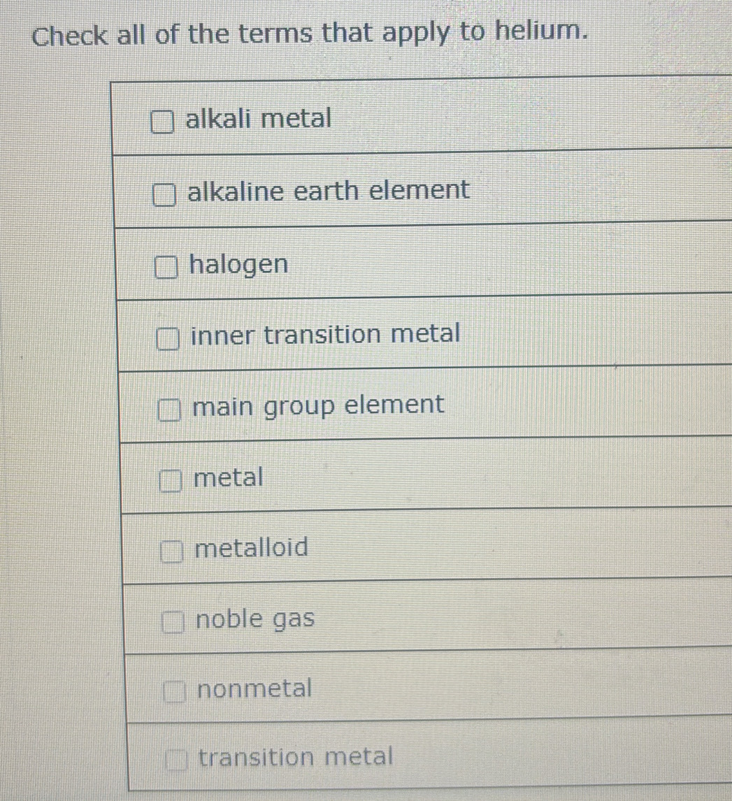 Check all of the terms that apply to helium.