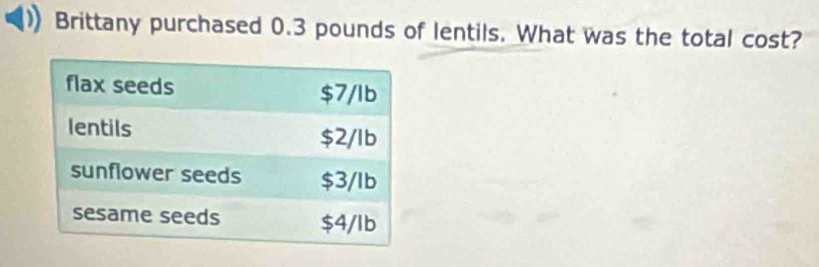 Brittany purchased 0.3 pounds of lentils. What was the total cost?