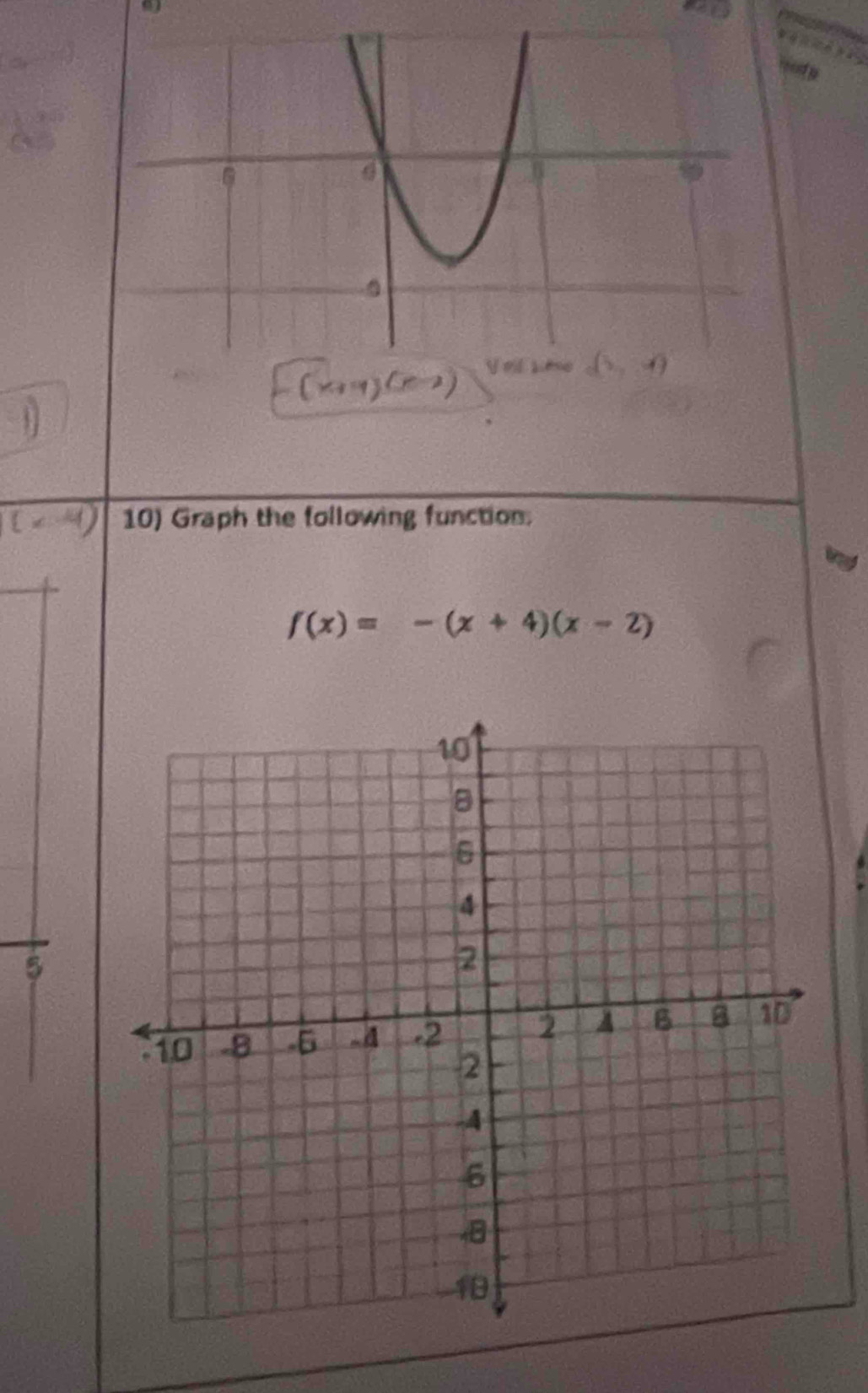 Graph the following function.
f(x)=-(x+4)(x-2)
5