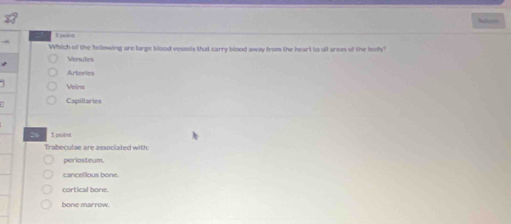 Nctems
1 poied
Which of the following are large blood vessels that carry blood away from the heart to all areas of the body?
Venutes
Arteries
Veins
Capillaries
26 1 point
Trabeculae are associated with:
periosteum.
cancellous bone.
cortical bone.
bone marrow.