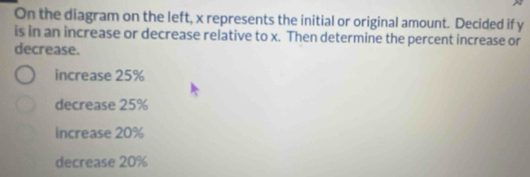 On the diagram on the left, x represents the initial or original amount. Decided if y
is in an increase or decrease relative to x. Then determine the percent increase or
decrease.
increase 25%
decrease 25%
Increase 20%
decrease 20%