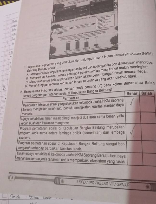 Tujuan utama program yang dilakukan oleh kelompok usaha Hutan Kemasyarakatan (HKM)
A. Mengembalikan fungsi keanekaragaman hayati dan cadangaawasan mangrove
Sebrang Bersatu adalah ....
B. Memperluas kawasan wisata sehingga perekonomian masyarakat makin meningkat.
C. Mengusut tuntas pelaku perusakan lahan akibat penambangan timah secara illegal.
D. Menghitung persentase kerusakan lahan seluruhnya yang akan direhabilitasi.
ntang (√) pada kolom Benar atau Salah
h
8 LKPD / IPS / KELAS VII / GENAP