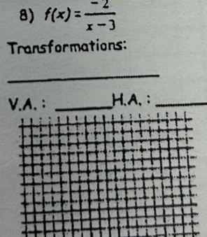 f(x)= (-2)/x-3 
Transformations: 
_ 
V.A. ; _H.A.;_