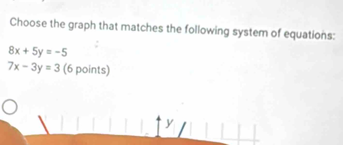 Choose the graph that matches the following system of equations:
8x+5y=-5
7x-3y=3 (6 points)
y