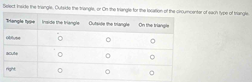 Select Inside the triangle, Outside the triangle, or On the triangle foer of each type of triangle.