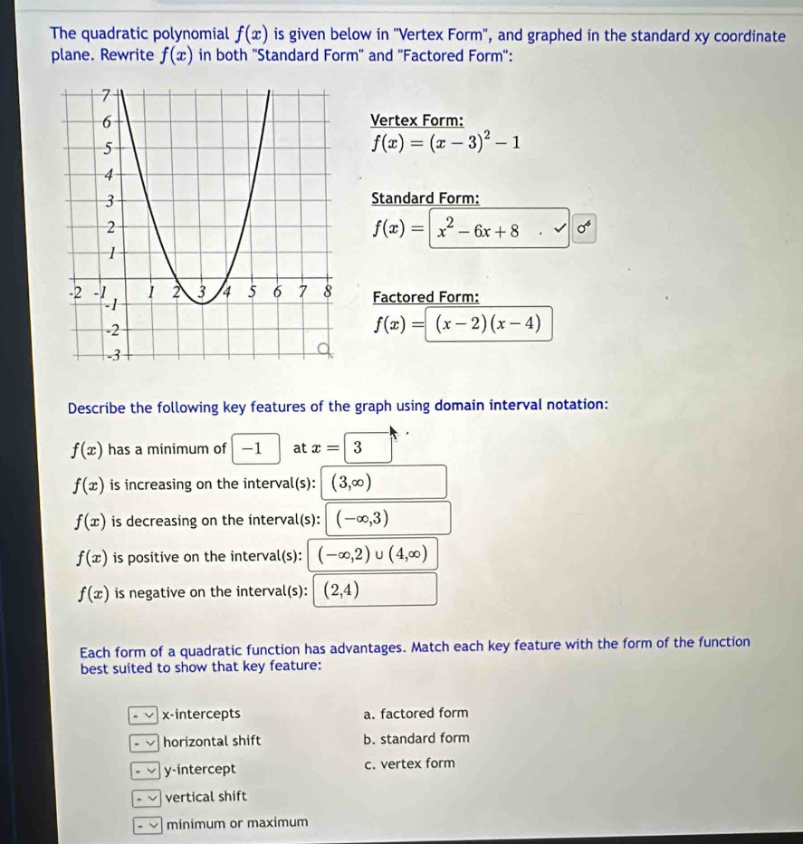 The quadratic polynomial f(x) is given below in 'Vertex Form", and graphed in the standard xy coordinate
plane. Rewrite f(x) in both ''Standard Form'' and ''Factored Form'':
Vertex Form:
f(x)=(x-3)^2-1
Standard Form:
f(x)=|x^2-6x+8
Factored Form:
f(x)=(x-2)(x-4)
Describe the following key features of the graph using domain interval notation:
f(x) has a minimum of -1 at x=| 3
f(x) is increasing on the interval(s): (3,∈fty )
f(x) is decreasing on the interval(s): (-∈fty ,3)
f(x) is positive on the interval(s): (-∈fty ,2)∪ (4,∈fty )
f(x) is negative on the interval(s): (2,4)
Each form of a quadratic function has advantages. Match each key feature with the form of the function
best suited to show that key feature:
x-intercepts a. factored form. √ horizontal shift b. standard form. √ y-intercept c. vertex form
vertical shift
minimum or maximum