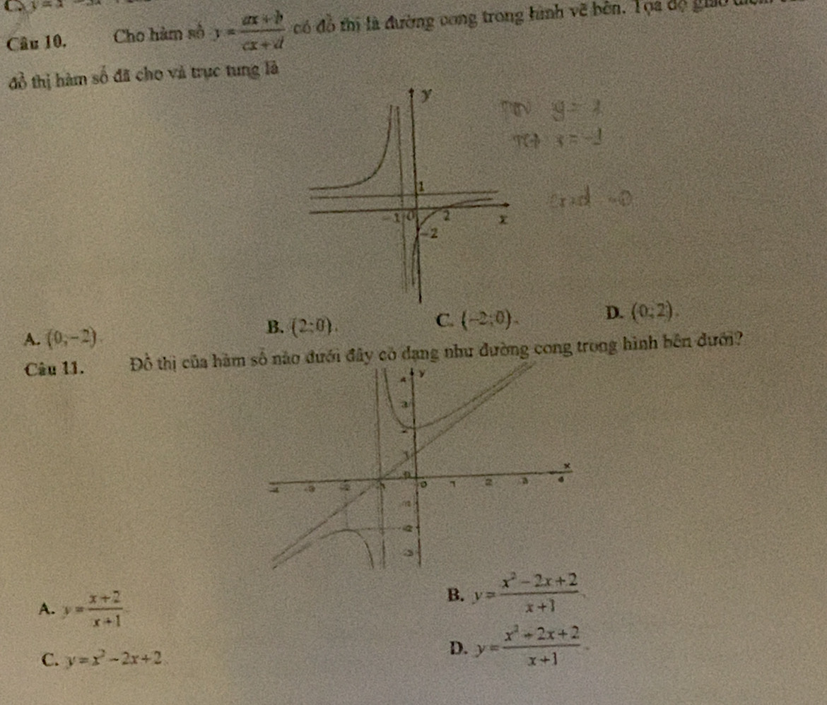 y=x
Cầu 10, Cho hàm số y= (ax+b)/cx+d  đó đồ thị là đường vong trong hình vẽ bên. Tọa độ giờ t
đồ thị hàm số đã cho và trục tung là
C. (-2;0).
D. (0;2).
A. (0,-2)
B. (2:0). 
Câu 11. Đồ thị của hàmo đưới đây có dạng như đường cong trong hình bên đưới?
A. y= (x+2)/x+1 
B. y= (x^2-2x+2)/x+1 
C. y=x^2-2x+2
D. y= (x^2+2x+2)/x+1 