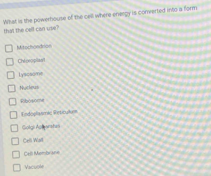 What is the powerhouse of the cell where energy is converted into a form
that the cell can use?
Mitochondrion
Chioroplast
Lysosome
Nucleus
Ribosome
Endoplasmic Reticulum
Golgi Apharatus
Cell Wall
Cell Membrane
Vacuole