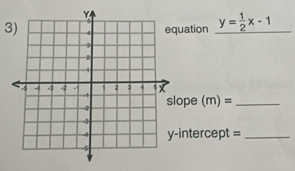 3uation y= 1/2 x-1
_ 
ope (m)= _ 
intercept =_