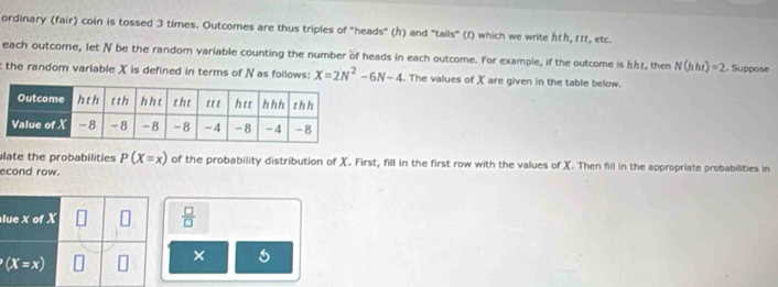 ordinary (fair) coin is tossed 3 times. Outcomes are thus triples of "heads" (h) and "tails" (f) which we write hth, ttt, etc. 
each outcome, let N be the random variable counting the number of heads in each outcome. For example, if the outcome is hr, then N(hht)=2
the random variable X is defined in terms of N as follows: X=2N^2-6N-4. The values of X are given in the table below. . Suppose 
ulate the probabilities P(X=x) of the probability distribution of X. First, fill in the first row with the values of X. Then fill in the appropriate probabilities in 
econd row. 
lue X of X  □ /□  
(X=x)
×