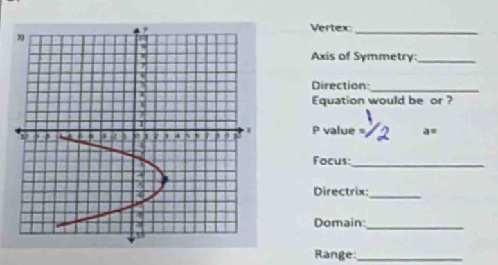 Vertex:_ 
Axis of Symmetry:_ 
Direction:_ 
Equation would be or ? 
P value = a=
Focus:_ 
Directrix:_ 
Domain:_ 
Range:_