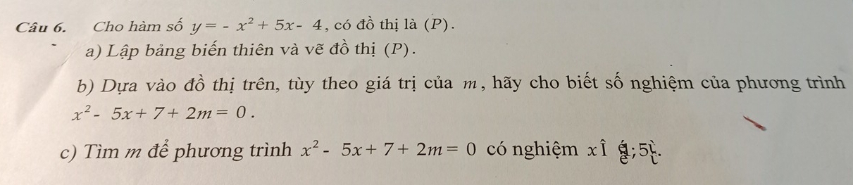 Cho hàm số y=-x^2+5x-4 , có đồ thị là (P).
a) Lập bảng biến thiên và vẽ đồ thị (P).
b) Dựa vào đồ thị trên, tùy theo giá trị của m, hãy cho biết số nghiệm của phương trình
x^2-5x+7+2m=0. 
c) Tìm m để phương trình x^2-5x+7+2m=0 có nghiệm x Î ; 5