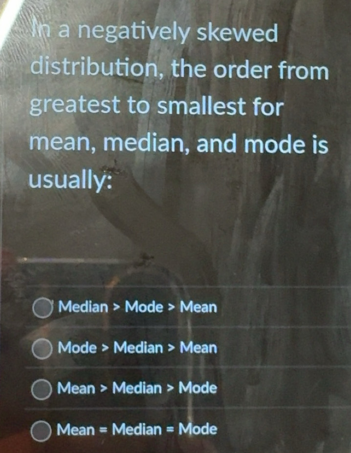 Solved: In a negatively skewed distribution, the order from greatest to ...