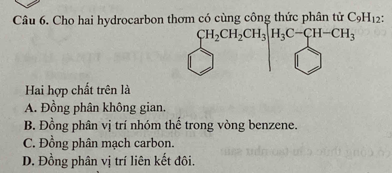 Cho hai hydrocarbon thơm có cùng công thức phân tử C_9H_12
Hai hợp chất trên là
A. Đồng phân không gian.
B. Đồng phân vị trí nhóm thể trong vòng benzene.
C. Đồng phân mạch carbon.
D. Đồng phân vị trí liên kết đôi.