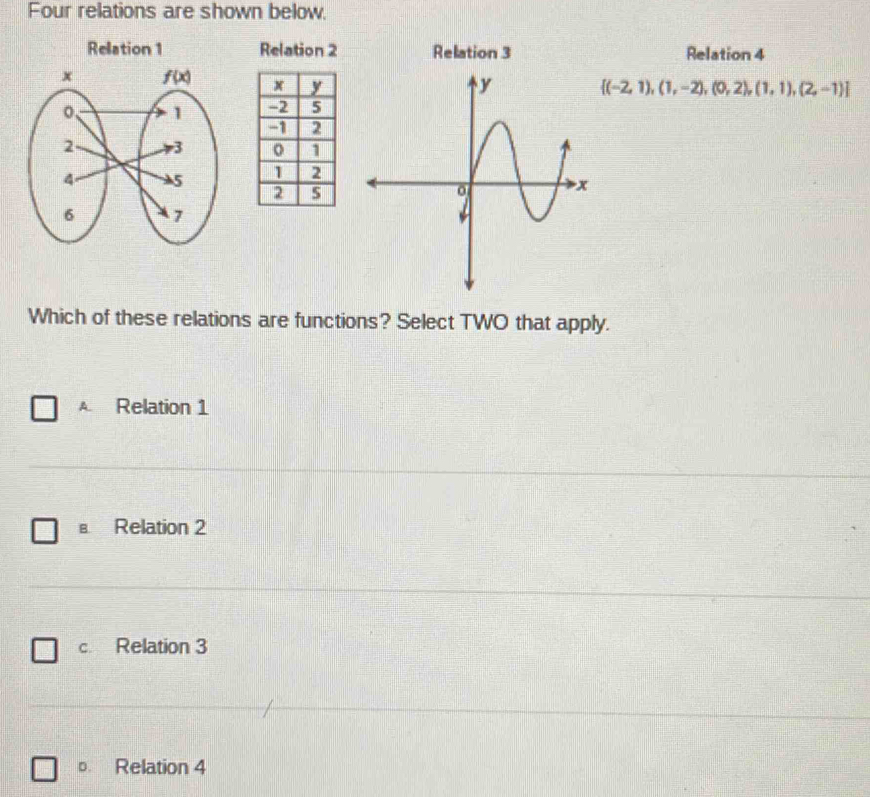 Four relations are shown below.
Relation 1 Relation 2 Relation 3 Relation 4

 (-2,1),(1,-2),(0,2),(1,1),(2,-1)
Which of these relations are functions? Select TWO that apply.
A. Relation 1
в Relation 2
c Relation 3
o. Relation 4