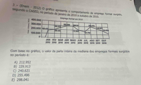 3 - (Enem - 2012) O gráfico apresenta o comportamento de emprego formal surgido,
segundo o CAGED, no período de janeiro de 2010 a outub
Com base no gráfico, o valor da parte inteira da mediana dos empregos formais surgidos
no período é:
A) 212.952
B) 229.913
C) 240.621
D) 255.496
E) 298.041