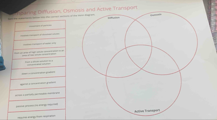 umparing Diffusion, Osmtive Transport
Sort the statements below into the correct sections of t
movement of particles
involves transport of dissolved solutes
involves transport of water only
from an area of high solute concentration to an
area of low solute concentration
from a dilute solution to a concentrated solution
down a concentration gradient
against a concentration gradient
across a partially permeable membrane
passive process (no energy required)
requires energy from respiration