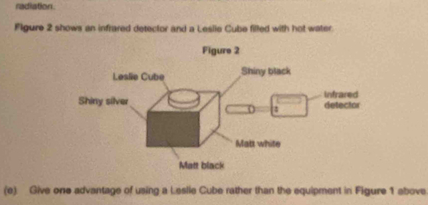 radiation. 
Flgure 2 shows an infrared detector and a Leslie Cube filled with hot water. 
(e) Give one advantage of using a Lesiie Cube rather than the equipment in Figure 1 above