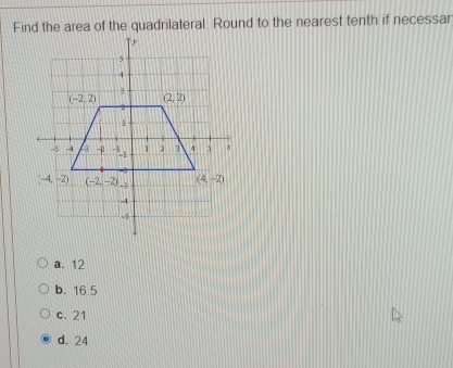 Find the area of the quadrilateral. Round to the nearest tenth if necessar
a. 12
b. 16.5
c. 21
d. 24