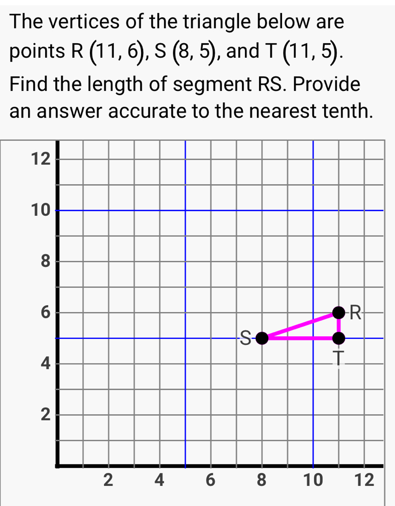 The vertices of the triangle below are 
points R(11,6), S(8,5) , and T(11,5). 
Find the length of segment RS. Provide 
an answer accurate to the nearest tenth.