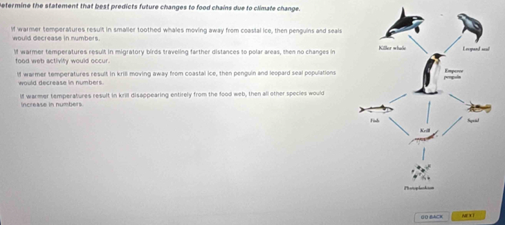 etermine the statement that best predicts future changes to food chains due to climate change.
If warmer temperatures result in smaller toothed whales moving away from coastal ice, then penguins and seals
would decrease in numbers.
If warmer temperatures result in migratory birds traveling farther distances to polar areas, then no changes in
food web activity would occur.
If warmer temperatures result in krill moving away from coastal ice, then penguin and leopard seal populations
would decrease in numbers.
If warmer temperatures result in krill disappearing entirely from the food web, then all other species would
increase in numbers.
GO BACK NEO