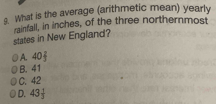 What is the average (arithmetic mean) yearly
rainfall, in inches, of the three northernmost
states in New England?
A. 40 2/3 
B. 41
C. 42
D. 43 1/3 